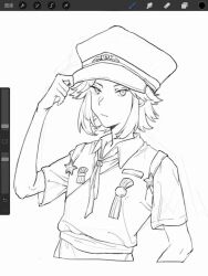 Rule 34 | 1other, androgynous, badge, closed mouth, collared shirt, commentary, fujiwara no shirogane no sanra, hand on headwear, hat, highres, jishixingle1029, len&#039;en, light frown, lineart, looking at viewer, military hat, military uniform, necktie, other focus, procreate (software), shirt, short hair, short sleeves, solo, star (symbol), symbol-only commentary, uniform, upper body, vest, wing print, yin yang, yin yang print