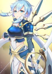 Rule 34 | 1girl, absurdres, arm at side, armor, blue armor, blue eyes, blue hair, bow (weapon), breastplate, breasts, commentary request, cowboy shot, dress, from side, gloves, gradient background, hair between eyes, hair ornament, hand up, highres, holding, holding weapon, looking at viewer, medium breasts, nokke o, open mouth, parted lips, partially fingerless gloves, pauldrons, short hair, short hair with long locks, shoulder armor, sidelocks, sinon, sinon (solus), solo, striped clothes, striped dress, sword art online, weapon