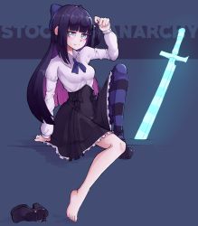 Rule 34 | 1girl, bad anatomy, barefoot, blue pantyhose, blue theme, blunt bangs, bow, character name, collared dress, colored inner hair, commission, dress, feet, full body, gothic lolita, hair bow, highres, k-rha&#039;s, lolita fashion, long hair, multicolored hair, official style, panty &amp; stocking with garterbelt, pantyhose, shoes, sitting, soles, stocking (psg), striped clothes, striped thighhighs, thighhighs, toes, two-tone hair, unworn shoe, unworn shoes