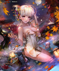 Rule 34 | 1girl, afloat, animal, autumn, autumn leaves, backlighting, bare shoulders, black ribbon, blonde hair, breasts, bucket, building, cherry blossoms, cleavage, closed mouth, collarbone, copyright request, cup, drink, dutch angle, floral print, full moon, hair ornament, hair ribbon, hair stick, hairband, holding, image sample, japanese macaque, lantern, liduke, liquid, long hair, looking at viewer, medium breasts, monkey, moon, moonlight, naked towel, night, night sky, official art, onsen, original, outdoors, pink eyes, pink lips, plant, ribbon, rock, sky, smile, solo, standing, teapot, towel, towel on head, tree, very long hair, wading, water, water drop, wet, white hair, wooden bucket, wristband