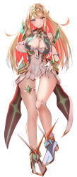 Rule 34 | 1girl, bare shoulders, blonde hair, blush, breasts, cleavage, dress, earrings, elbow gloves, gloves, headgear, highres, jewelry, large breasts, long hair, momdy (talesshinja), mythra (xenoblade), sleeveless, solo, swept bangs, thigh strap, very long hair, white background, xenoblade chronicles (series), xenoblade chronicles 2, yellow eyes