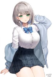 Rule 34 | 1girl, absurdres, arm behind head, arm support, artist name, blue bow, blue bowtie, blue jacket, blush, bow, bowtie, braid, breasts, dated, diagonal-striped bow, diagonal-striped bowtie, diagonal-striped clothes, green eyes, green skirt, grey hair, highres, hololive, invisible chair, jacket, jacket partially removed, large breasts, looking at viewer, plaid, plaid skirt, pong 0012, school uniform, shirogane noel, shirt, shirt tucked in, short hair, simple background, sitting, skirt, smile, solo, striped clothes, tented shirt, tongue, tongue out, virtual youtuber, white background, white shirt
