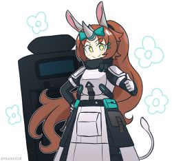 Rule 34 | 1girl, absurdres, animal ears, arknights, armor, blush stickers, boots, brown hair, bubble (arknights), grey eyes, highres, horns, long hair, looking at viewer, mumei518, pauldrons, pointing, pointing at viewer, rhinoceros girl, shoulder armor, single horn, smile, solo, tail, transparent background, upper body, white footwear