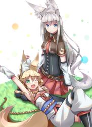 Rule 34 | 2girls, ;d, akiyasu, animal ears, armpits, arms up, belt, black legwear, blonde hair, blue eyes, blush, borrowed character, detached sleeves, elvy frost, fang, fox ears, fox tail, grass, green eyes, grey hair, kitsunezuka kyuu, long hair, looking at viewer, lying, multiple girls, necktie, on back, one eye closed, open mouth, original, outstretched arms, pants, pleated skirt, shirt, sidelocks, sitting, skirt, smile, tail, thighhighs, white background