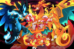 Rule 34 | blue eyes, charizard, charmander, charmeleon, chu (hyenafu), claws, commentary, creature, creatures (company), dated, dragon, english commentary, evolutionary line, fangs, fiery tail, fire, fire, flame-tipped tail, flying, game freak, gen 1 pokemon, gigantamax, gigantamax charizard, horns, looking at viewer, mega charizard x, mega charizard y, mega pokemon, nintendo, no humans, pokemon, pokemon (creature), signature, single horn, tail