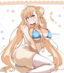 Rule 34 | 1girl, absurdly long hair, ahoge, ass, azur lane, bikini, blonde hair, blue bikini, blush, braid, braided bun, breasts, cleavage, collar, commentary request, criss-cross halter, double bun, formidable (azur lane), formidable (the lady of the beach) (azur lane), hair between breasts, hair bun, halterneck, highres, large breasts, long hair, looking at viewer, multi-strapped bikini bottom, multi-strapped bikini top, parted lips, red eyes, star (symbol), starry background, swimsuit, teroo, twitter username, very long hair