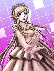 Rule 34 | 1girl, blonde hair, blue eyes, danganronpa (series), danganronpa 2: goodbye despair, female focus, gig (artist), gradient background, long hair, looking at viewer, multicolored background, nipples through clothes, official style, open mouth, princess, purple background, simple background, solo, solo focus, sonia nevermind, standing, tagme, teeth, tongue, upper teeth only, very long hair, white background
