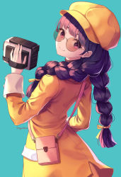 Rule 34 | 1girl, artist name, bag, bespectacled, black hair, blue background, braid, brown-tinted eyewear, cabbie hat, camera, cardcaptor sakura, closed mouth, commentary, cowboy shot, daidouji tomoyo, from behind, glasses, hair ribbon, hand up, hat, head tilt, highres, holding, holding camera, jacket, long sleeves, looking at viewer, looking back, purple eyes, ribbon, round eyewear, shoulder bag, simple background, smile, solo, soyubee, sunglasses, tinted eyewear, twin braids, twintails, yellow hat, yellow jacket, yellow ribbon