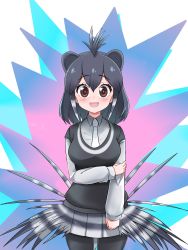 Rule 34 | 1girl, animal ears, aramaru, black eyes, black pantyhose, black sweater, bob cut, collared shirt, commentary, crested porcupine (kemono friends), female focus, grey hair, grey necktie, grey shirt, grey skirt, hand on own arm, highres, kemono friends, long sleeves, looking at viewer, medium hair, miniskirt, necktie, open mouth, pantyhose, pleated skirt, shirt, skirt, smile, solo, standing, striped clothes, striped skirt, sweater, wing collar