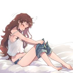 Rule 34 | 1girl, barefoot, blue panties, blue shorts, brown hair, camisole, closed eyes, clothes pull, denim, denim shorts, freckles, from side, full body, isuzu (log horizon), log horizon, long hair, mo (deciliter), off shoulder, open mouth, panties, polka dot, polka dot panties, short shorts, shorts, shorts pull, simple background, sitting, solo, underwear, undressing, very long hair, white background, white camisole