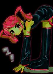 Rule 34 | 1girl, bare shoulders, bent over, black background, black footwear, black shirt, black sleeves, blush, boots, commentary request, detached sleeves, empty eyes, from side, full body, halftone, highres, igaku (utau), kasane teto, long hair, looking to the side, menma (enaic31), miniskirt, open mouth, outline, pleated skirt, red eyes, red hair, red nails, red outline, shirt, shoulder tattoo, simple background, single blush sticker, skirt, sleeveless, sleeveless shirt, solo, standing, tattoo, thigh boots, touching toes, translation request, twintails, utau