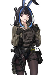 Rule 34 | 1girl, ammunition pouch, animal ears, assault rifle, black corset, black gloves, black hair, black pantyhose, buckle, character request, chest rig, collared jacket, corset, fake animal ears, girls&#039; frontline, gloves, green jacket, gun, highres, jacket, leotard, long sleeves, military jacket, military uniform, multicolored hair, mutugorou u, pantyhose, pink eyes, playboy bunny, pouch, rifle, snap-fit buckle, solo, streaked hair, thigh pouch, uniform, weapon, white background