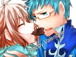 Rule 34 | 1boy, 1girl, aqua eyes, blue hair, candy, chocolate, chocolate heart, food, glasses, gradient hair, haku (wwnt), happy valentine, heart, hubert ozwell, mouth hold, multicolored hair, pascal (tales), red hair, tales of (series), tales of graces, valentine, white hair