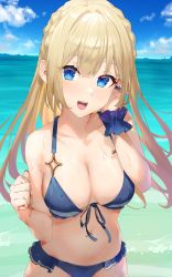 Rule 34 | 1girl, :d, bare shoulders, bikini, blonde hair, blue bikini, blue eyes, blue nails, breasts, cleavage, collarbone, cowboy shot, day, frilled bikini, frills, front-tie bikini top, front-tie top, furuse riff, halterneck, hand up, highres, indie virtual youtuber, large breasts, long hair, looking at viewer, nail polish, navel, ocean, open mouth, outdoors, scrunchie, second-party source, smile, solo, standing, stomach, string bikini, swimsuit, virtual youtuber, wet, wrist scrunchie, xkirara39x