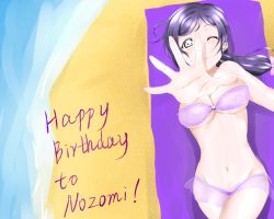 Rule 34 | 10s, 1girl, 2019, artist name, artist request, bare shoulders, beach, bikini, blush, bow, breasts, female focus, green eyes, hair bow, highres, large breasts, long hair, love live!, love live! school idol project, lying, ocean, on back, one eye closed, pink bow, purple bikini, purple hair, reaching, reaching towards viewer, smile, solo, swimsuit, tojo nozomi