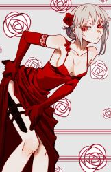 Rule 34 | 1girl, bad id, bad twitter id, breasts, closed mouth, commentary, dress, elbow gloves, english commentary, flower, gloves, grey hair, hair flower, hair ornament, hidden weapon, highres, leaning forward, long dress, medium breasts, original, red dress, red eyes, red flower, red gloves, red rose, rose, scabbard, sheath, side slit, solo, standing, tsu (lovesick1964), two (tsu (lovesick1964))