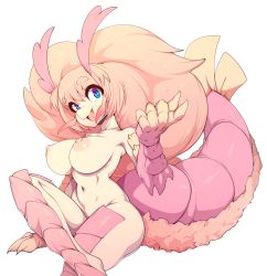 Rule 34 | 1girl, absurdres, antennae, blue eyes, breasts, commentary, completely nude, english commentary, highres, large breasts, looking at viewer, monster girl, navel, nipples, nude, open mouth, original, shrimp, simple background, sitting, slugbox, smile, solo, tail, thick eyebrows, white background