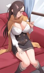 Rule 34 | 1girl, absurdres, alternate costume, breasts, brown eyes, brown hair, chym39, cleavage, commentary, commission, couch, english commentary, eyes visible through hair, fire emblem, fire emblem fates, garreg mach monastery uniform, hair over one eye, hair ribbon, highres, kagero (fire emblem), lap pillow invitation, large breasts, long hair, looking at viewer, mimikaki, nintendo, parted lips, ribbon, scarf, sitting, smile, solo, teeth, white ribbon, yellow scarf