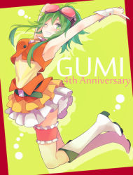 Rule 34 | 1girl, ;d, akiyoshi (tama-pete), anniversary, armpits, arms up, bare arms, bare shoulders, belt, blush, boots, bridal garter, character name, fingernails, framed, frilled skirt, frills, full body, goggles, goggles on head, green background, green eyes, green hair, green nails, grin, gumi, happy, jumping, looking at viewer, nail polish, one eye closed, open mouth, red-tinted eyewear, red background, shirt, short hair, short hair with long locks, simple background, skirt, sleeveless, sleeveless shirt, smile, solo, teeth, thighs, tinted eyewear, two-tone background, v, vocaloid, white footwear, wrist cuffs
