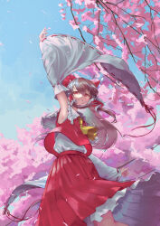 Rule 34 | 1girl, absurdres, arm up, armpits, ascot, blue sky, bow, brown hair, cherry blossoms, commentary request, dedemaru, detached sleeves, falling petals, feet out of frame, flower, frilled hair tubes, frills, grin, hair bow, hair tubes, hakurei reimu, highres, long hair, looking at viewer, outdoors, petals, petticoat, pink flower, red bow, red eyes, red skirt, red vest, ribbon-trimmed sleeves, ribbon trim, skirt, sky, smile, solo, touhou, vest, white sleeves, white undershirt, wide sleeves, yellow ascot