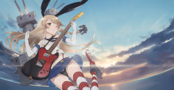 Rule 34 | 10s, 1girl, anchor, anchor hair ornament, animal ears, black panties, black thighhighs, blonde hair, blush, brown eyes, cloud, day, elbow gloves, electric guitar, gloves, guitar, hair ornament, hayashi kewi, instrument, jumping, kantai collection, long hair, looking at viewer, md5 mismatch, one eye closed, panties, rabbit ears, rensouhou-chan, shimakaze (kancolle), sky, smile, solo, striped clothes, striped thighhighs, thighhighs, underwear, water