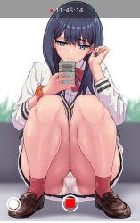 Rule 34 | 10s, 1girl, arm scrunchie, artist request, ass, black hair, black skirt, blue eyes, cardigan, cellphone, closed mouth, female focus, full body, gridman universe, highres, holding, holding phone, jitome, knees, long hair, long sleeves, panties, pantyshot, phone, pleated skirt, recording, shoes, skirt, smartphone, socks, solo, squatting, ssss.gridman, takarada rikka, thick thighs, thighs, underwear, white panties