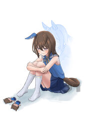 Rule 34 | 1girl, absurdres, admire vega&#039;s twin sister (umamusume), admire vega (umamusume), animal ears, artist logo, blue shirt, blue shorts, blue skirt, brown hair, character doll, closed mouth, collar, collared shirt, commentary, crying, crying with eyes open, earrings, ears down, frilled collar, frills, frown, ghost, highres, horse ears, horse girl, horse tail, hug, hug from behind, hugging own legs, jewelry, jtleeklm, medium hair, miniskirt, no shoes, purple eyes, sad, shadow, shirt, shorts, shorts under skirt, simple background, single earring, sitting, skirt, sleeveless, sleeveless shirt, socks, solo, tail, tears, umamusume, white background, white socks