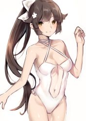 Rule 34 | 1girl, akagi kurage, azur lane, bare shoulders, bow, breasts, brown eyes, brown hair, casual one-piece swimsuit, cowboy shot, hair bow, hair flaps, highres, long hair, looking at viewer, medium breasts, navel, one-piece swimsuit, ponytail, simple background, smile, solo, standing, swimsuit, takao (azur lane), takao (beach rhapsody) (azur lane), very long hair, white background, white one-piece swimsuit