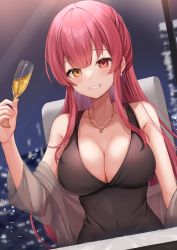 Rule 34 | 1girl, bare shoulders, black dress, blush, breasts, cleavage, clenched teeth, cup, dress, drinking glass, earrings, grin, heart, heart necklace, heterochromia, highres, holding, holding cup, hololive, houshou marine, jewelry, large breasts, long hair, looking at viewer, miyagi ratona, necklace, red eyes, red hair, see-through, smile, solo, teeth, twitter username, upper body, virtual youtuber, yellow eyes