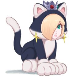 Rule 34 | 1girl, absurdres, all fours, animal costume, animal ears, animal hands, animal hood, blonde hair, blue eyes, cat costume, cat ears, cat rosalina, cat tail, crown, earrings, eyelashes, full body, gloves, hair over one eye, highres, hood, jewelry, looking at viewer, mario (series), nintendo, paw gloves, rosalina, sasaki sakiko, star (symbol), star earrings, super mario 3d world, tail, white background