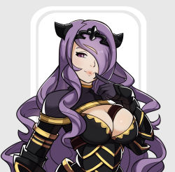 Rule 34 | 1girl, between breasts, breasts, camilla (fire emblem), circlet, cleavage, finger to mouth, fire emblem, fire emblem fates, hair over one eye, highres, huge breasts, lips, looking at viewer, nintendo, purple hair, smile, solo, splashbrush, strap between breasts, tiara, upper body