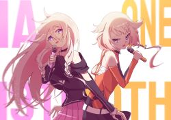 2girls ajitan951 anniversary black_choker black_shirt blonde_hair blue_eyes blurry braid cevio character_name choker commentary_request hair_between_eyes highres holding holding_microphone ia_(vocaloid) long_bangs microphone multiple_girls one_(cevio) open_mouth orange_shirt pink_skirt shirt skirt vocaloid