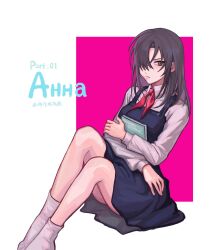 Rule 34 | 1girl, angelia (girls&#039; frontline), arianaleonardo, black eyes, black hair, blue dress, book, character name, chinese commentary, closed mouth, collared shirt, commentary request, cyrillic, dress, girls&#039; frontline, hair over one eye, highres, holding, holding book, long hair, long sleeves, looking at viewer, neckerchief, pinafore dress, pink background, red neckerchief, shirt, sitting, sleeveless, sleeveless dress, socks, solo, translation request, two-tone background, white background, white shirt, white socks