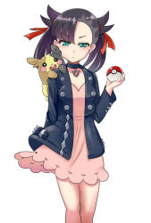 Rule 34 | 1girl, :&lt;, :d, aqua eyes, asymmetrical bangs, black choker, black hair, black jacket, blush, choker, closed mouth, collarbone, commentary request, creatures (company), dress, game freak, gen 8 pokemon, hair ribbon, half-closed eyes, hand up, holding, holding poke ball, jacket, long sleeves, looking at viewer, marnie (pokemon), momoda yasuhito, morpeko, morpeko (full), nintendo, open clothes, open jacket, open mouth, pink dress, poke ball, poke ball (basic), pokemon, pokemon (creature), pokemon swsh, red ribbon, ribbon, simple background, smile, twintails, v-shaped eyebrows, white background