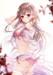 Rule 34 | 1girl, ass, bikini, blurry, blurry foreground, braid, breasts, brown hair, cleavage, commentary request, depth of field, hands up, highres, long hair, maeda shiori, medium breasts, mouth hold, open clothes, open shirt, pink bikini, pink ribbon, puffy short sleeves, puffy sleeves, red eyes, ribbon, ribbon in mouth, ripples, see-through, short sleeves, solo, sousouman, swimsuit, twinbox school, twisted torso, very long hair, wading, water