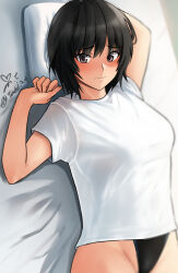 Rule 34 | 1girl, amagami, black hair, black one-piece swimsuit, breasts, brown eyes, competition swimsuit, cowboy shot, highleg, highleg swimsuit, highres, looking at viewer, lying, medium breasts, nanasaki ai, one-piece swimsuit, pillow, short hair, signature, solo, swimsuit, twitter username, yoo tenchi