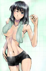 Rule 34 | 00s, 1girl, bike shorts, black eyes, black hair, blue eyes, blue hair, breasts, censored, cleavage, contrapposto, convenient censoring, cosaten, large breasts, matching hair/eyes, motion lines, navel, one eye closed, school rumble, solo, standing, suou mikoto (school rumble), topless, towel, towel around neck, towel over breasts, wink