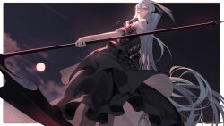 Rule 34 | 1girl, absurdly long hair, black dress, commission, cross-laced clothes, demon wings, dress, frilled dress, frills, head wings, highres, holding, holding scythe, holding weapon, long hair, looking at viewer, original, scythe, standing, tsuki-shigure, very long hair, weapon, white hair, wing ears, wings, yellow eyes