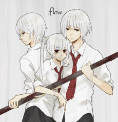 Rule 34 | .flow, 1girl, 2boys, blood, bob cut, copyright name, height difference, hug, kaibutsu, lead pipe, looking at viewer, multiple boys, necktie, red eyes, school uniform, short sleeves, smile, twintails, white hair