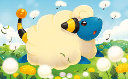 Rule 34 | 0313, :d, black eyes, blue sky, cloud, cloudy sky, creature, creatures (company), dandelion, day, flower, full body, game freak, gen 2 pokemon, mareep, nintendo, no humans, official art, open mouth, outdoors, pokemon, pokemon (creature), pokemon tcg, profile, running, sheep, sky, smile, solo, third-party source