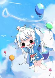 Rule 34 | 1girl, animal, animal costume, animal hood, animal on head, balloon, bird, bird on head, blue hair, blue hoodie, blue sky, chibi, cloud, cloudy sky, commentary, day, english commentary, english text, fins, fish tail, flying sweatdrops, full body, gawr gura, gawr gura (1st costume), grey hair, hair ornament, highres, holding, holding balloon, hololive, hololive english, hood, hood down, hoodie, koyoinacho, long hair, long sleeves, looking at viewer, midair, multicolored hair, no pants, on head, open mouth, outdoors, shark costume, shark girl, shark hood, shark tail, sidelocks, sky, sleeves past fingers, sleeves past wrists, smile, smol gura, solo, streaked hair, sun, tail, takodachi (ninomae ina&#039;nis), two side up, virtual youtuber, wide sleeves