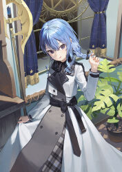 Rule 34 | 1girl, :q, bardiche (weapon), blue eyes, blue hair, braid, coat, hair ornament, hairclip, halberd, highres, hololive, hoshimachi suisei, hoshimachi suisei (maid), kitada mo, long hair, plant, polearm, potted plant, smile, solo, tongue, tongue out, virtual youtuber, weapon, winter clothes, winter coat
