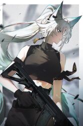 1girl alternate_costume animal_ears arm_ribbon artist_name bare_shoulders black_gloves black_pants black_shirt blue_eyes chen_li closed_mouth commentary_request cowboy_shot crop_top earclip feixiao_(honkai:_star_rail) film_grain fox_ears fox_girl gloves gradient_hair green_hair gun high_ponytail highres holding holding_gun holding_weapon honkai:_star_rail honkai_(series) long_hair looking_to_the_side multicolored_hair pants ponytail ribbon shirt sleeveless sleeveless_shirt solo very_long_hair weapon white_hair