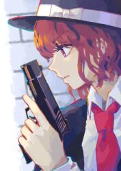 Rule 34 | 1girl, bow, brick wall, brown eyes, brown hair, close-up, collared shirt, formal, frown, glock, gun, handgun, hat, hat bow, highres, holding, holding gun, holding weapon, necktie, parted lips, profile, red necktie, shirt, solo, suit, touhou, upper body, usami renko, wasabisuke, weapon, white bow