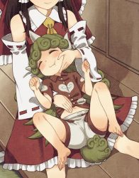 Rule 34 | 2girls, aged down, ascot, barefoot, blush, brown hair, closed eyes, closed mouth, cloud print, commentary request, curly hair, detached sleeves, green hair, hakurei reimu, hand on another&#039;s cheek, hand on another&#039;s face, head out of frame, horns, kariyushi shirt, komano aunn, lying, lying on another, midriff, multiple girls, navel, on back, red shirt, shirt, shorts, single horn, smile, tail, touhou, urin, white shorts, yellow ascot