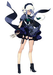Rule 34 | 1girl, alternate costume, ankle boots, bare legs, belt, between fingers, black footwear, black gloves, boots, bow, braid, breasts, fingerless gloves, full body, gloves, green bow, grey eyes, hair bow, hair over one eye, high heel boots, high heels, highres, holding, izayoi sakuya, kitada mo, knife, looking down, maid headdress, medium breasts, short hair with long locks, simple background, solo, standing, thigh strap, touhou, twin braids, white background, white hair