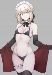 Rule 34 | 1girl, artoria pendragon (alter swimsuit rider) (fate), artoria pendragon (alter swimsuit rider) (second ascension) (fate), artoria pendragon (fate), bare shoulders, bikini, black bikini, black bow, black gloves, black thighhighs, blonde hair, bow, braid, breasts, bridal garter, choker, closed mouth, cowboy shot, elbow gloves, fate/grand order, fate (series), frilled choker, frills, frown, gloves, grey background, groin, hair bow, halterneck, looking at viewer, maid, maid bikini, maid headdress, mobu, navel, short hair, simple background, small breasts, solo, standing, swimsuit, thighhighs, unconventional maid, v-shaped eyebrows, yellow eyes