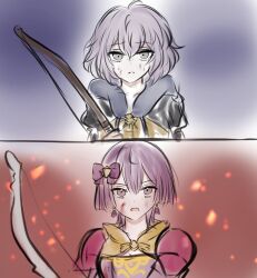 Rule 34 | 1girl, age difference, bernadetta von varley, bow, bow (weapon), commentary request, fire emblem, fire emblem: three houses, garreg mach monastery uniform, hair bow, holding, holding bow (weapon), holding weapon, konoka624, looking at viewer, messy hair, nintendo, purple hair, shoulder pads, sketch, upper body, weapon