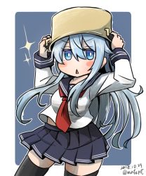 Rule 34 | 1girl, absurdres, aoba (akibajun), black sailor collar, black skirt, black thighhighs, blue eyes, commentary request, cowboy shot, dated, hibiki (kancolle), highres, kantai collection, long hair, looking at viewer, neckerchief, one-hour drawing challenge, pleated skirt, pot on head, red neckerchief, sailor collar, school uniform, serafuku, silver hair, skirt, solo, sparkle, thighhighs, triangle mouth, twitter username