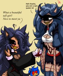 3girls artist_name ass black_sclera blood blood_on_hands bloody_tears blue_hair breasts colored_sclera crying crying_with_eyes_open english_text genderswap genderswap_(mtf) jmccormick long_hair lord_x_(sonic.exe) milady_x_(jmc) multiple_girls one-eyed personification size_difference smile sonic.exe sonic_(series) sonic_the_hedgehog tears